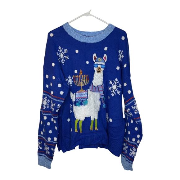 Celebrate!  Hanukkah New Holiday Llama Blue Crew Neck Sweater Size 1X (16W-18W) - Picture 1 of 5